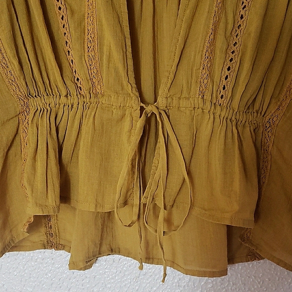 Free People Mustard Crop Top Tie Front 3/4 Bell Sleeves Lace Mesh Cotton Size S - Picture 8 of 16